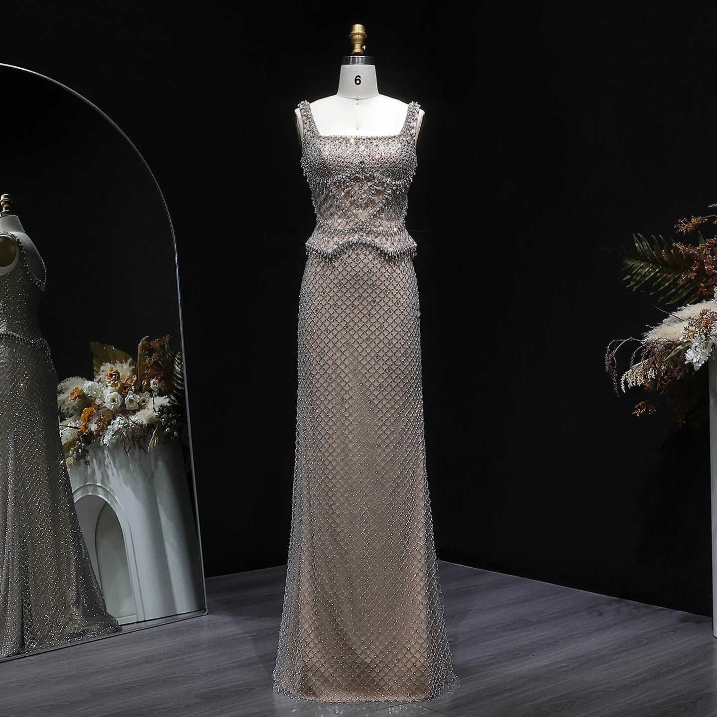 Crystal Beaded Column Pageant Gown | Square Neck | Champagne, Gray & Wine Red