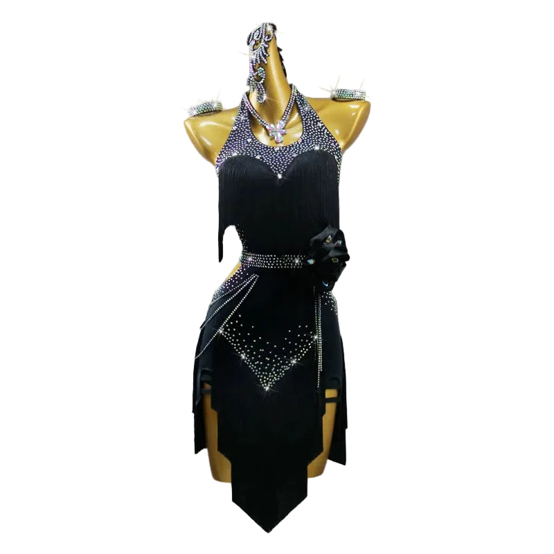 Black Latin Samba Dance Dress – Tassel & Ribbon Stage Costume