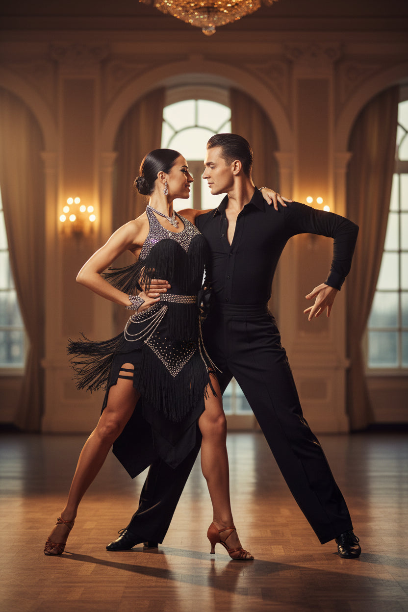 Black Latin Samba Dance Dress – Tassel & Ribbon Stage Costume