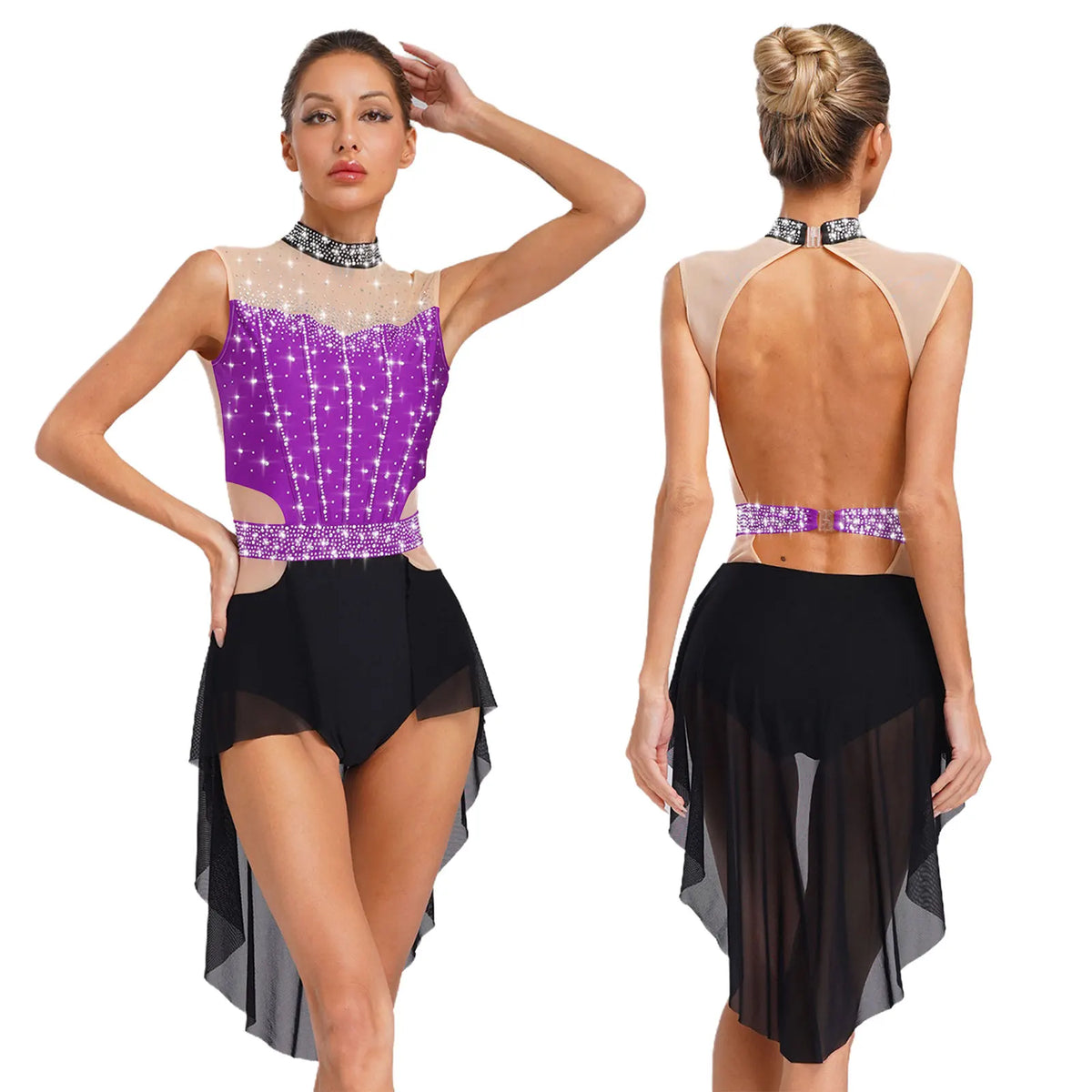 Dance Leotard Dress | Rhinestone Mesh Overlay