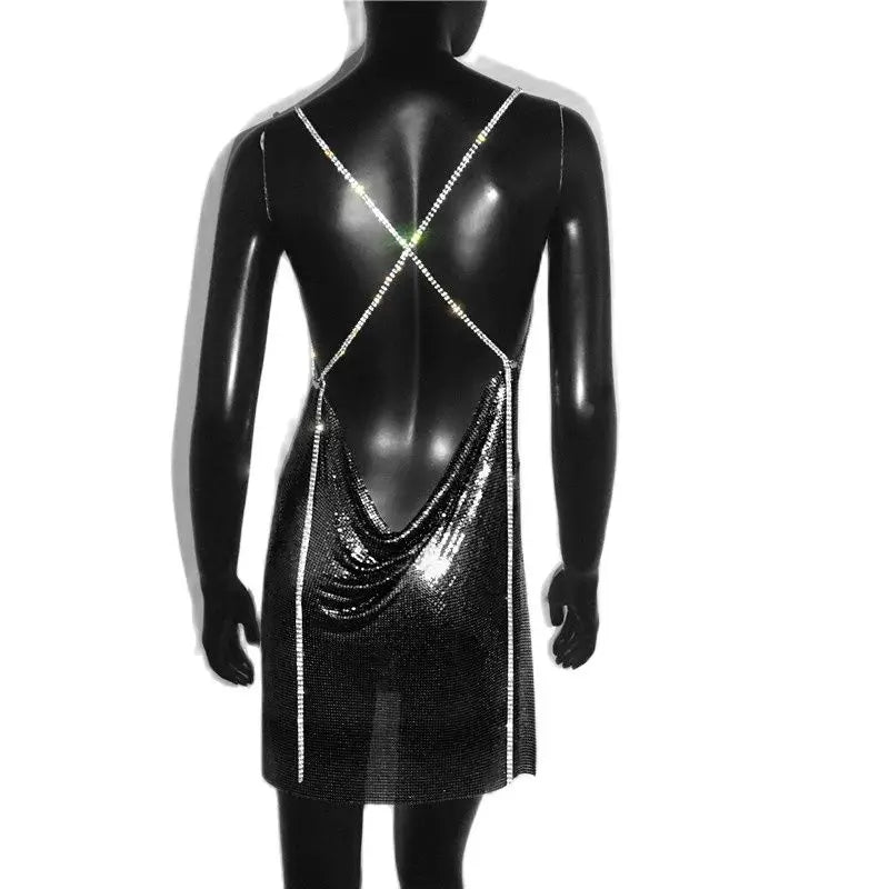 Metal Sequin Chain Mini Dress - Backless Party & Performance Dress
