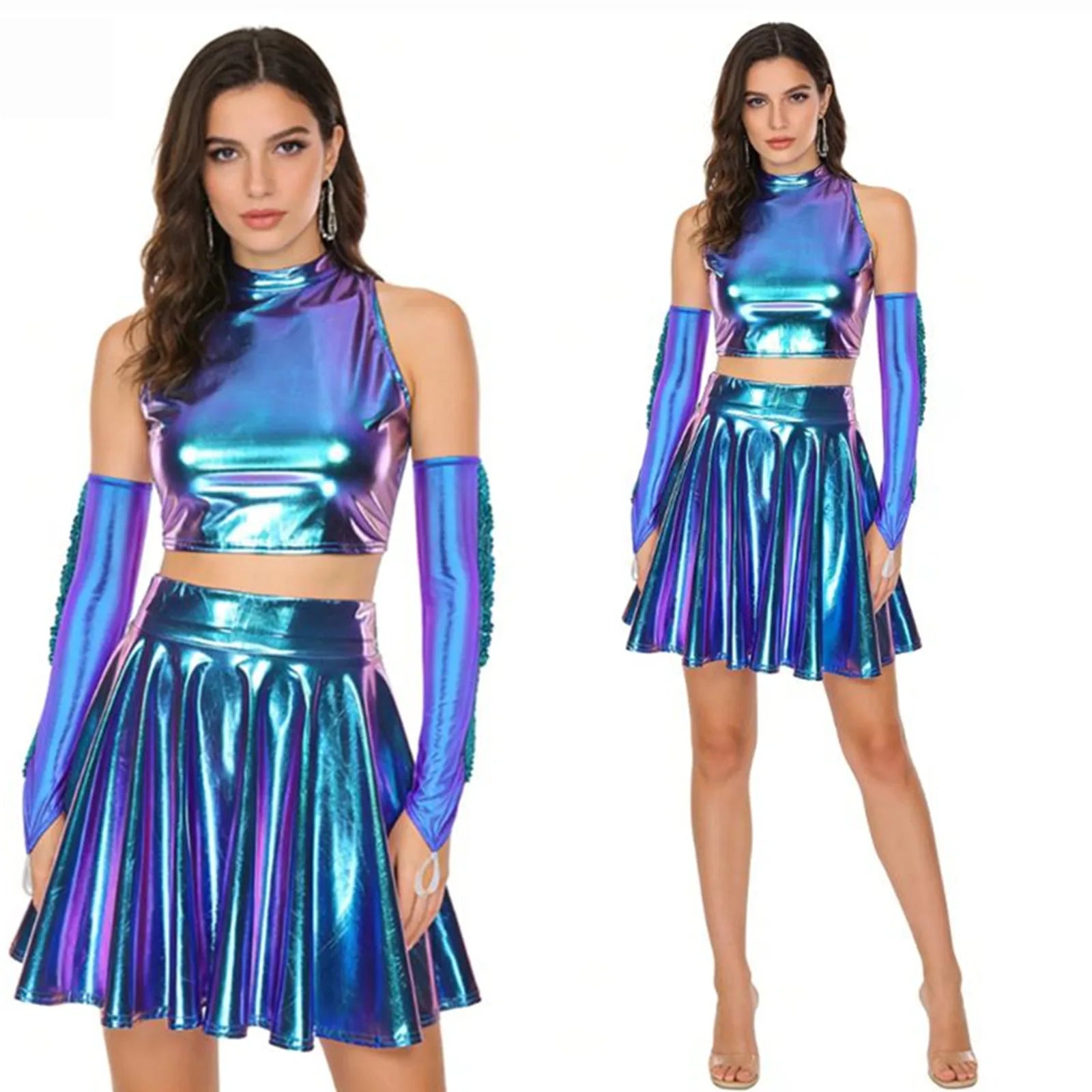 Holographic 3-Piece Set | Crop Top, Skirt & Gloves