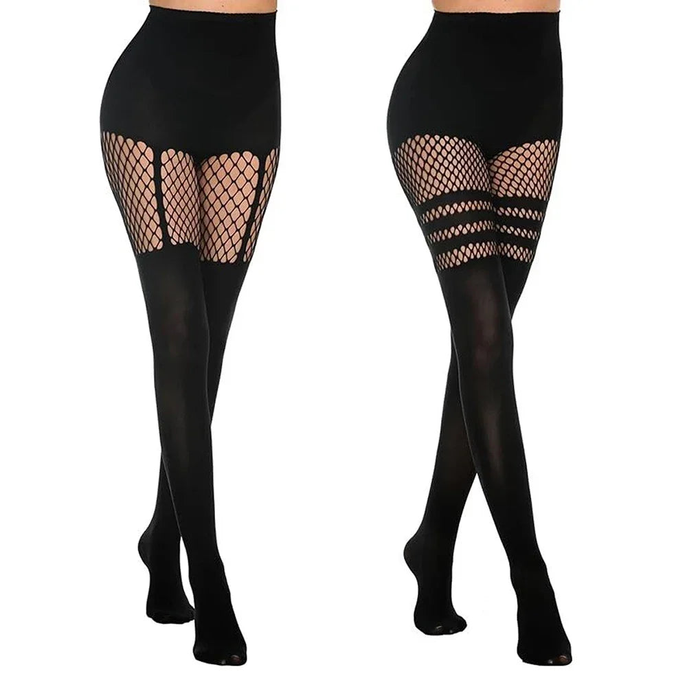 Black Hollow-Out Fishnet Tights | Stripe, Patchwork & Suspender | One Size