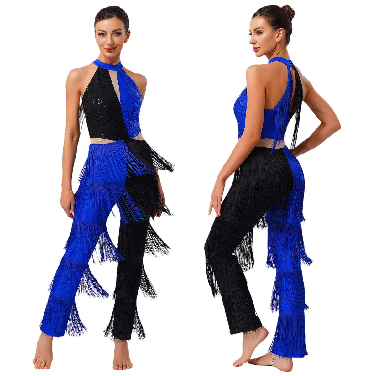 Latin Dance Jumpsuit | Sequin Contrast Fringe