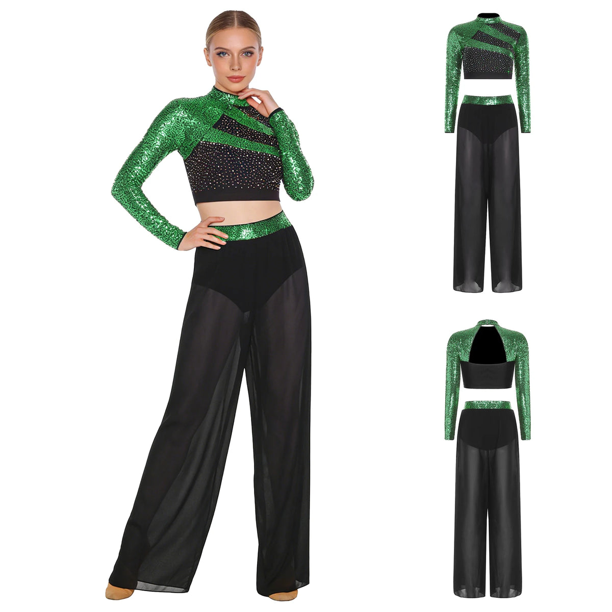 Women's Sequin Crop Top & Side-Split Chiffon Pants | Mock Neck & Cutout Back | 2-Piece Dance Set