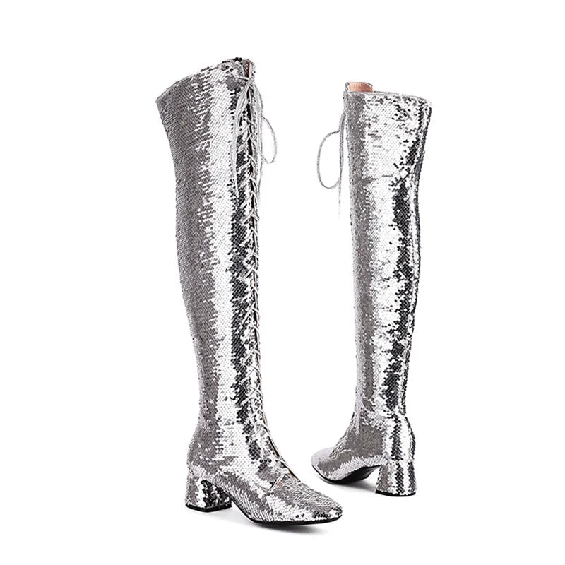 Glitter Sequin Over-the-Knee Boots | Lace-Up | 6cm Block Heel