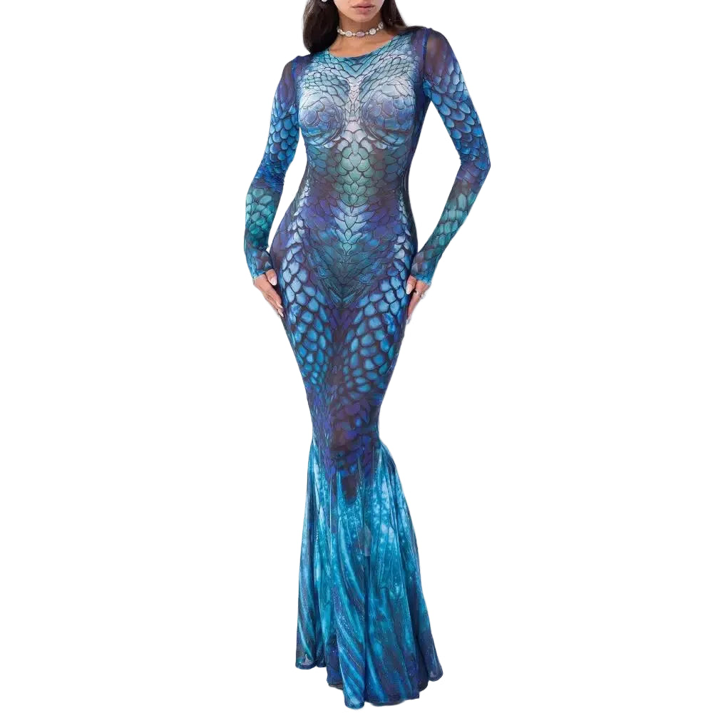 Women's Mermaid Print Gown | Fishtail | Long Sleeve