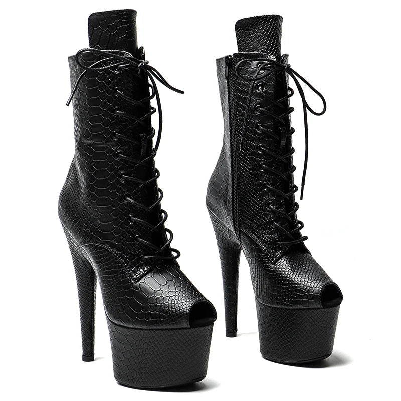 Snake Pattern Platform Ankle Boots - 17cm Pole Dance Heels
