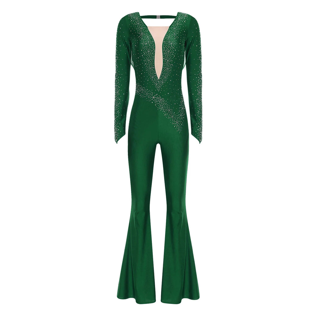 Women's Rhinestone Bell-Bottom Dance Jumpsuit | Deep V-Neck & Ruched Mesh | Latin & Performance