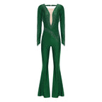 Women's Rhinestone Bell-Bottom Dance Jumpsuit | Deep V-Neck & Ruched Mesh | Latin & Performance