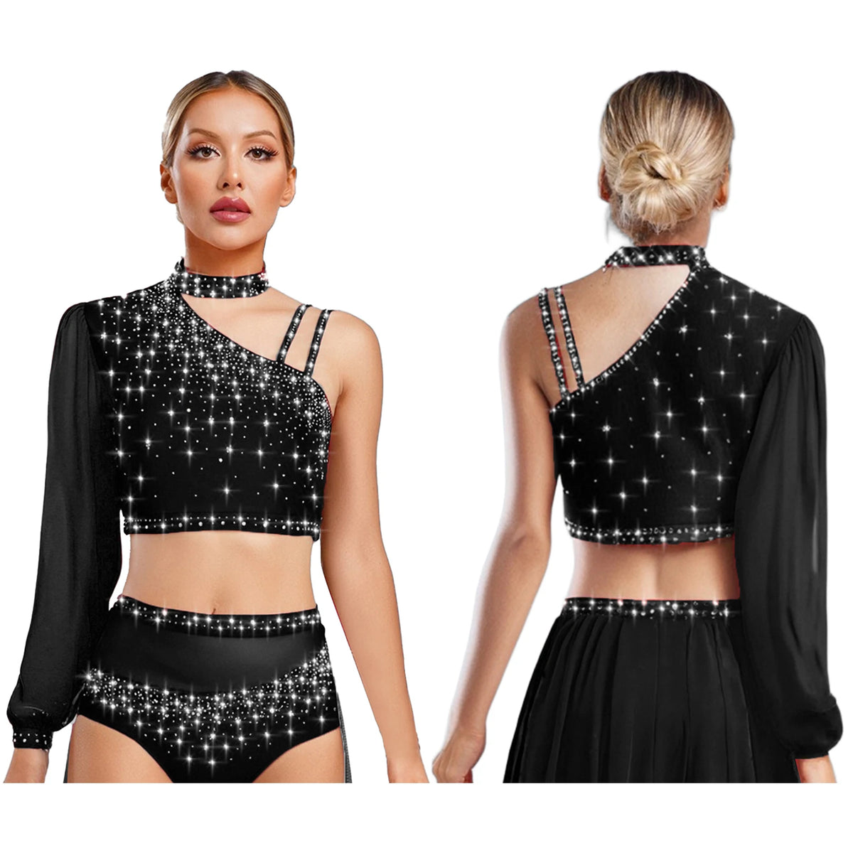 Rhinestone Asymmetric Dance Crop Top | One Mesh Sleeve | Latin Salsa Samba