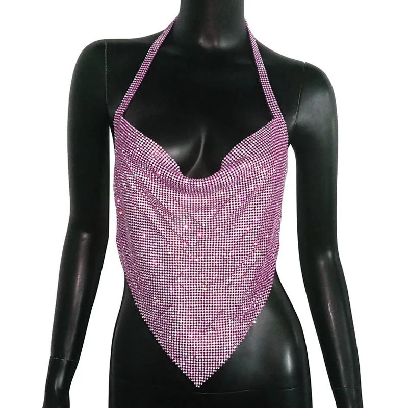 Rhinestone Mesh Halter Crop Top - Shiny Metal Hollow-Out Backless Tank for Stage & Festival