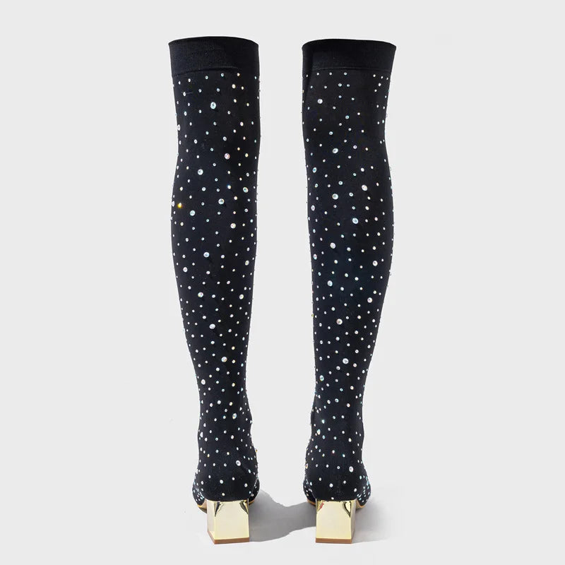 Rhinestone Stretch Sock OTK Boots | Block Heel | Pointed Toe