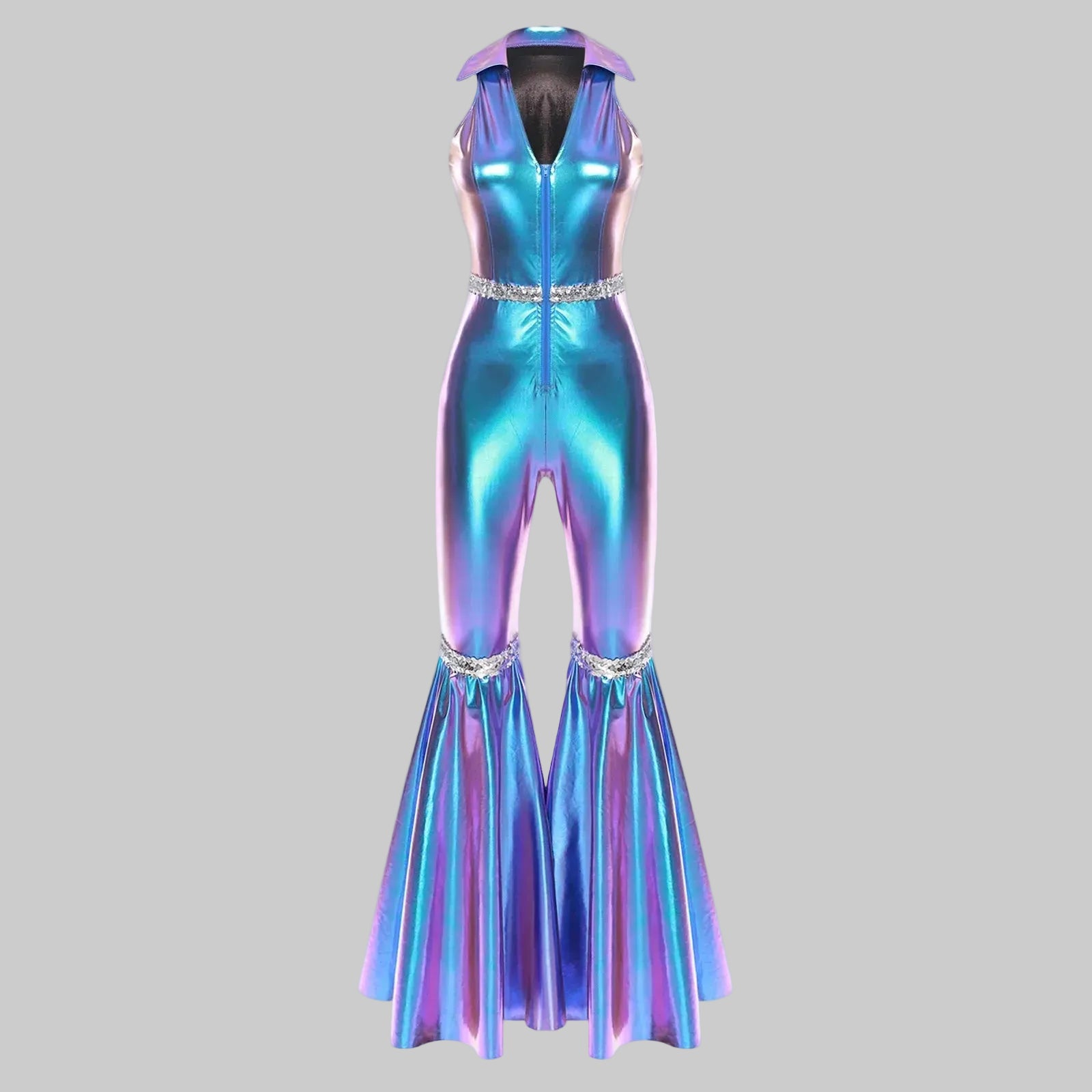 70s Disco Sequin Jumpsuit - Retro Bell Bottom Performance Romper