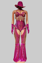 Rhinestone Bodysuit 4-Piece Set - Sparkly Showgirl Outfit with Flare Pants & Crystals