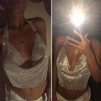Rhinestone Sequin Deep V Halter Crop Top - Backless Diamond Tank