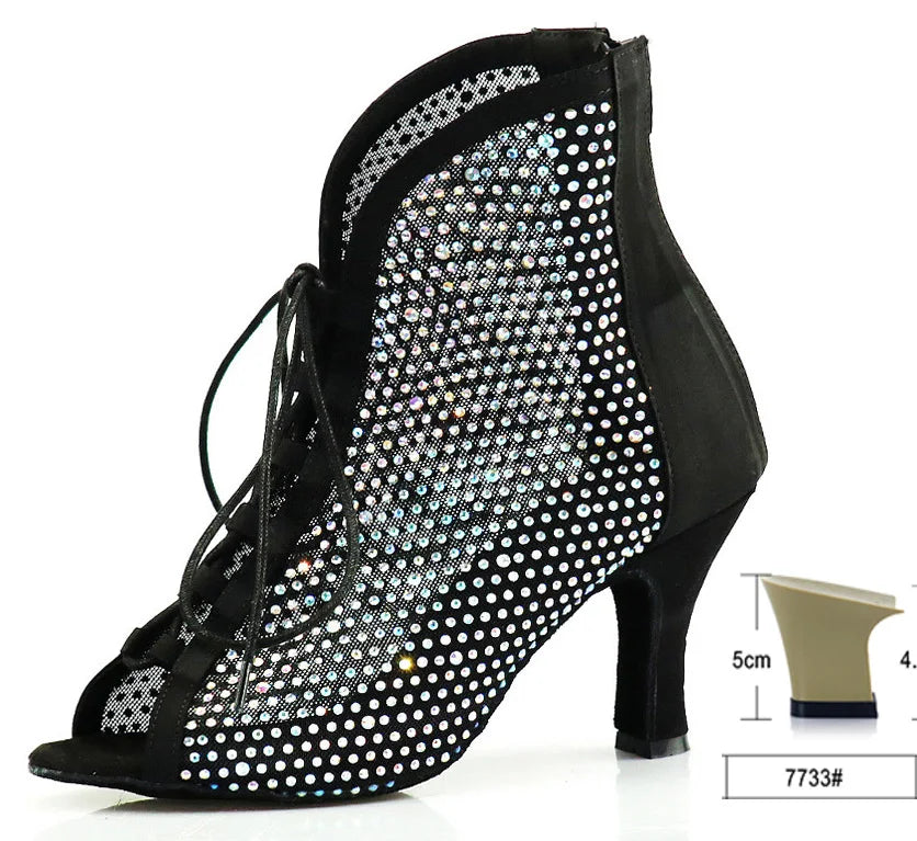 Rhinestone Latin Dance Boots | Black Mesh & Satin | Cuban Heel