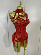 Rhinestone Harness Bodysuit | Garter Straps | Red