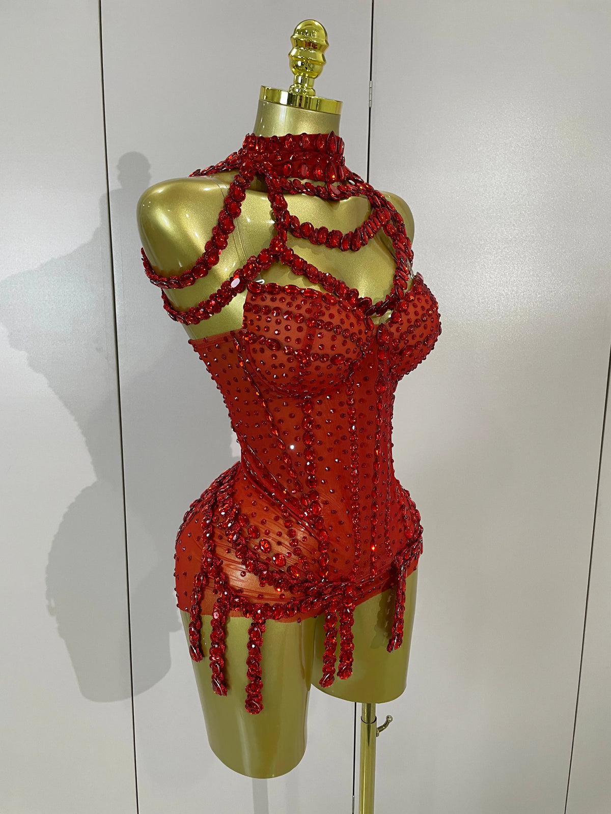 Rhinestone Harness Bodysuit | Garter Straps | Red