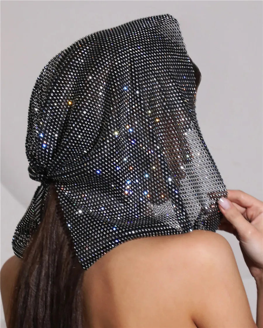 Rhinestone Mesh Hood - Sheer Fishnet Performance Headpiece