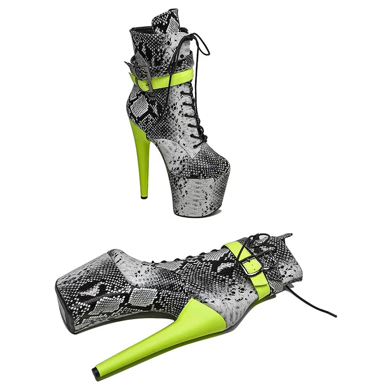 20CM Platform Ankle Boots - Snake Print High Heel Pole Dance Boots