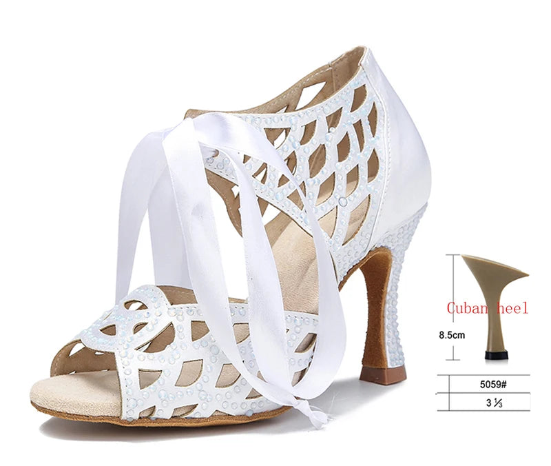 Cut-Out Lace-Up Latin Dance Sandals | Cuban Heel | 6–10cm | White, Black & Nude