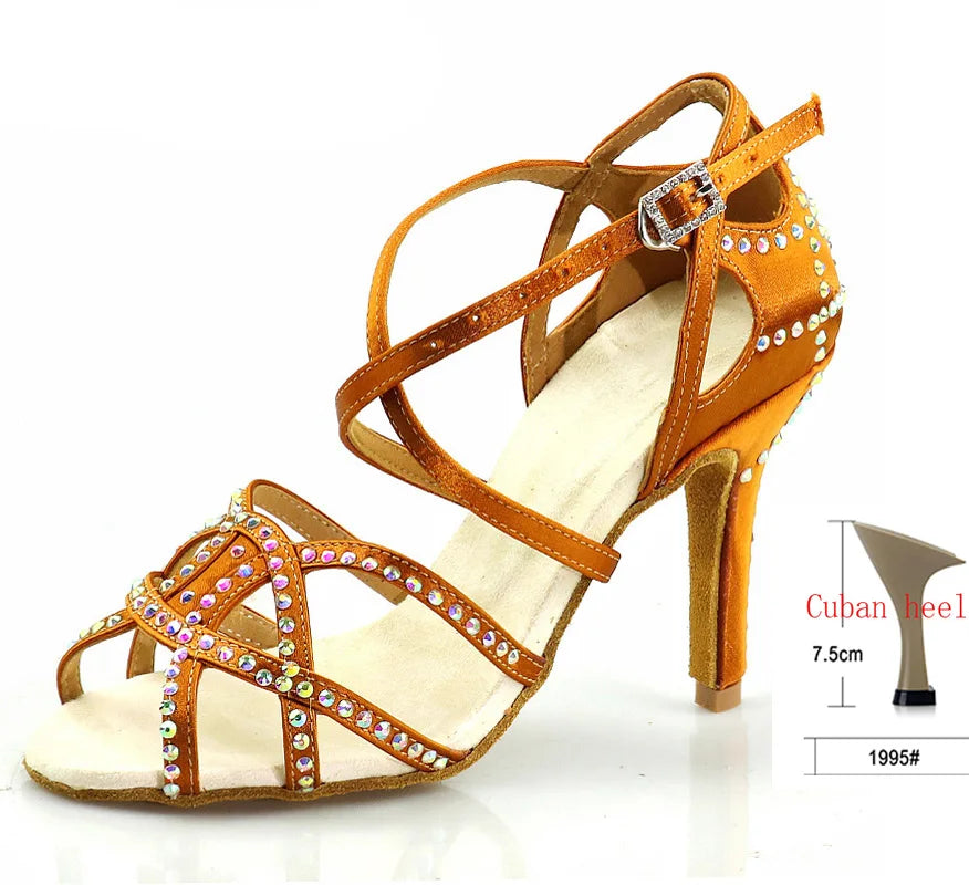 Bronze Rhinestone Latin Dance Heels | Satin | 5–10cm