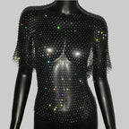 Rhinestone Fishnet Mesh Top - Sheer Short Sleeve Tee