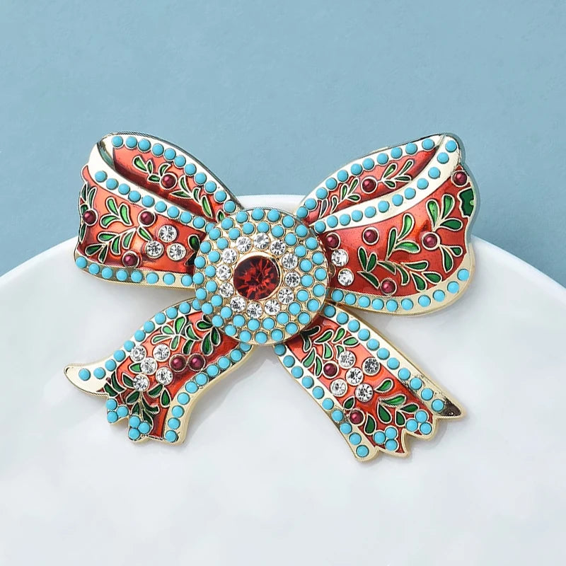 Vintage-Inspired Enamel Bowknot Brooch | Rhinestone | Statement Pin
