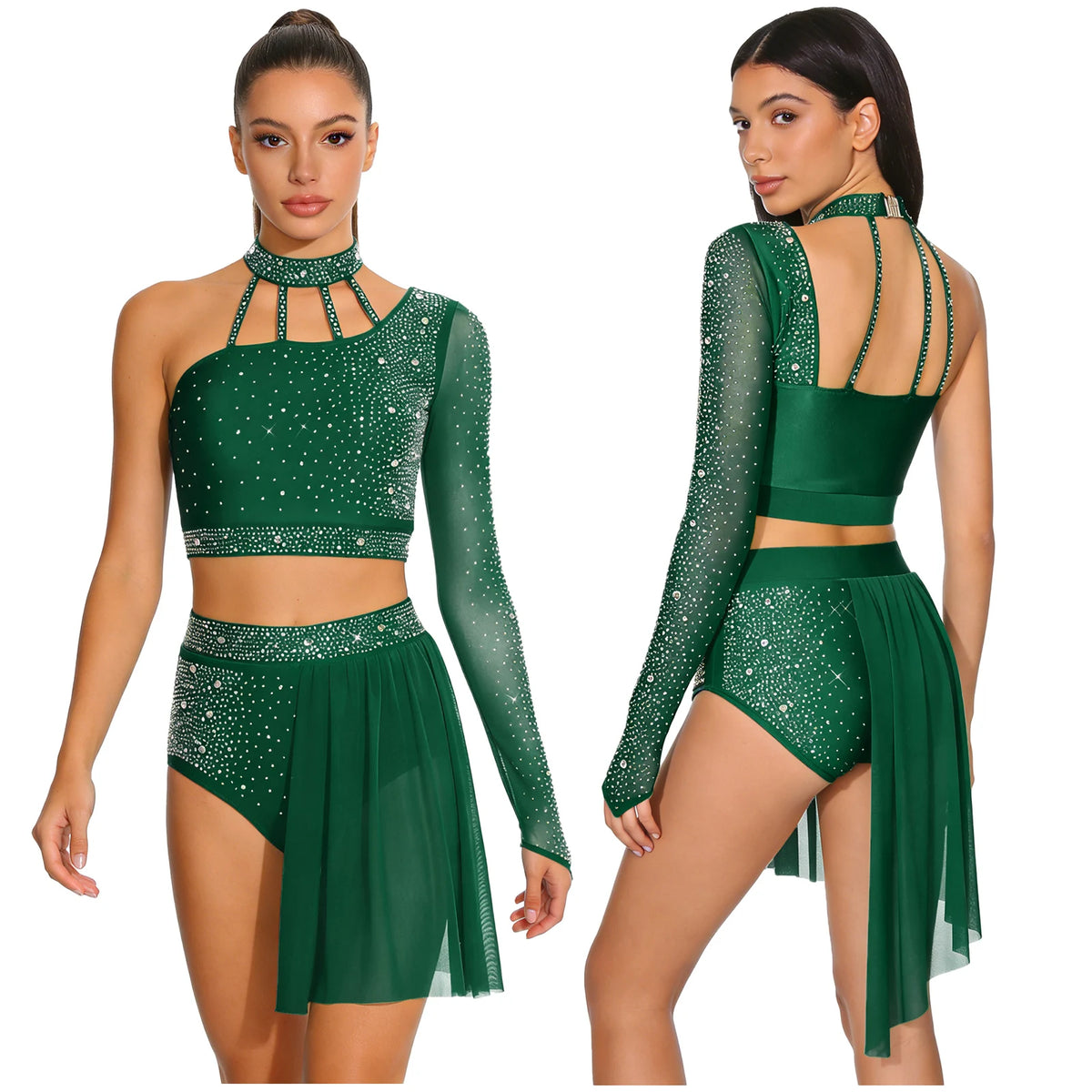 Latin Dance Set | Rhinestone Crop Top & Shorts | Asymmetrical
