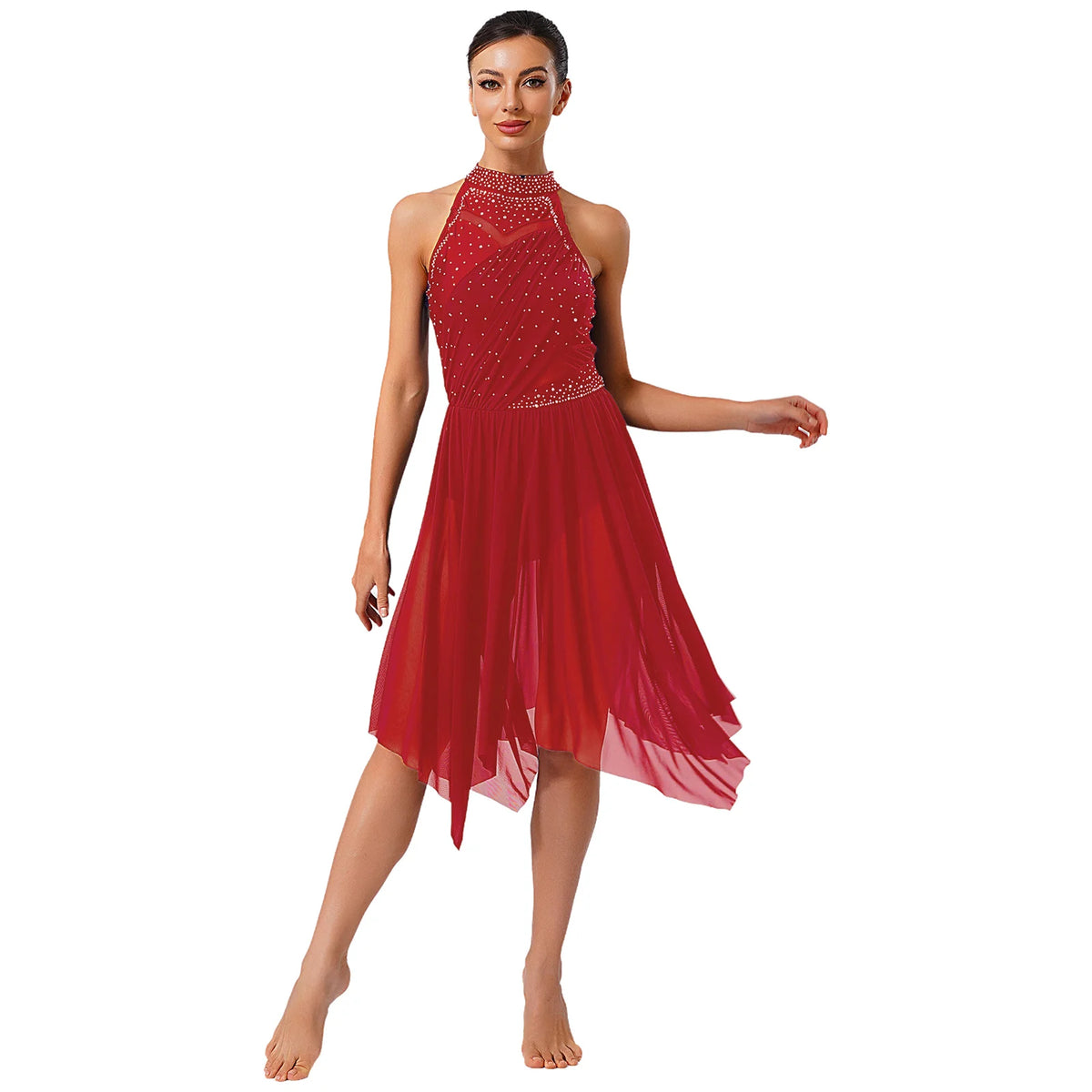 Women's Rhinestone Halter Lyrical Dance Dress | Irregular Mesh Ruffle Hem | Competition & Performance