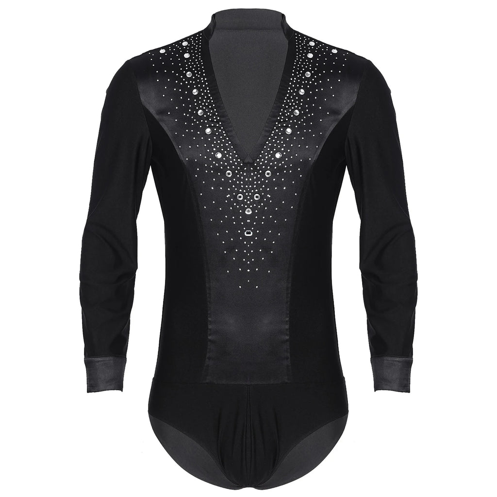 Men's Rhinestone Dance Leotard | V-Neck & Satin Collar | Long Sleeve