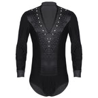 Men's Rhinestone Dance Leotard | V-Neck & Satin Collar | Long Sleeve