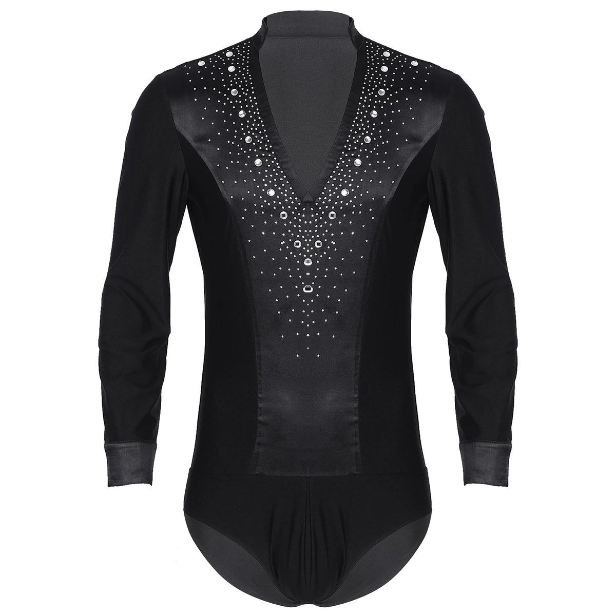 Men's Rhinestone Dance Leotard | V-Neck & Satin Collar | Long Sleeve