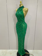Diamond Sequin Mesh Halter Maxi Gown | Rhinestone | Stage