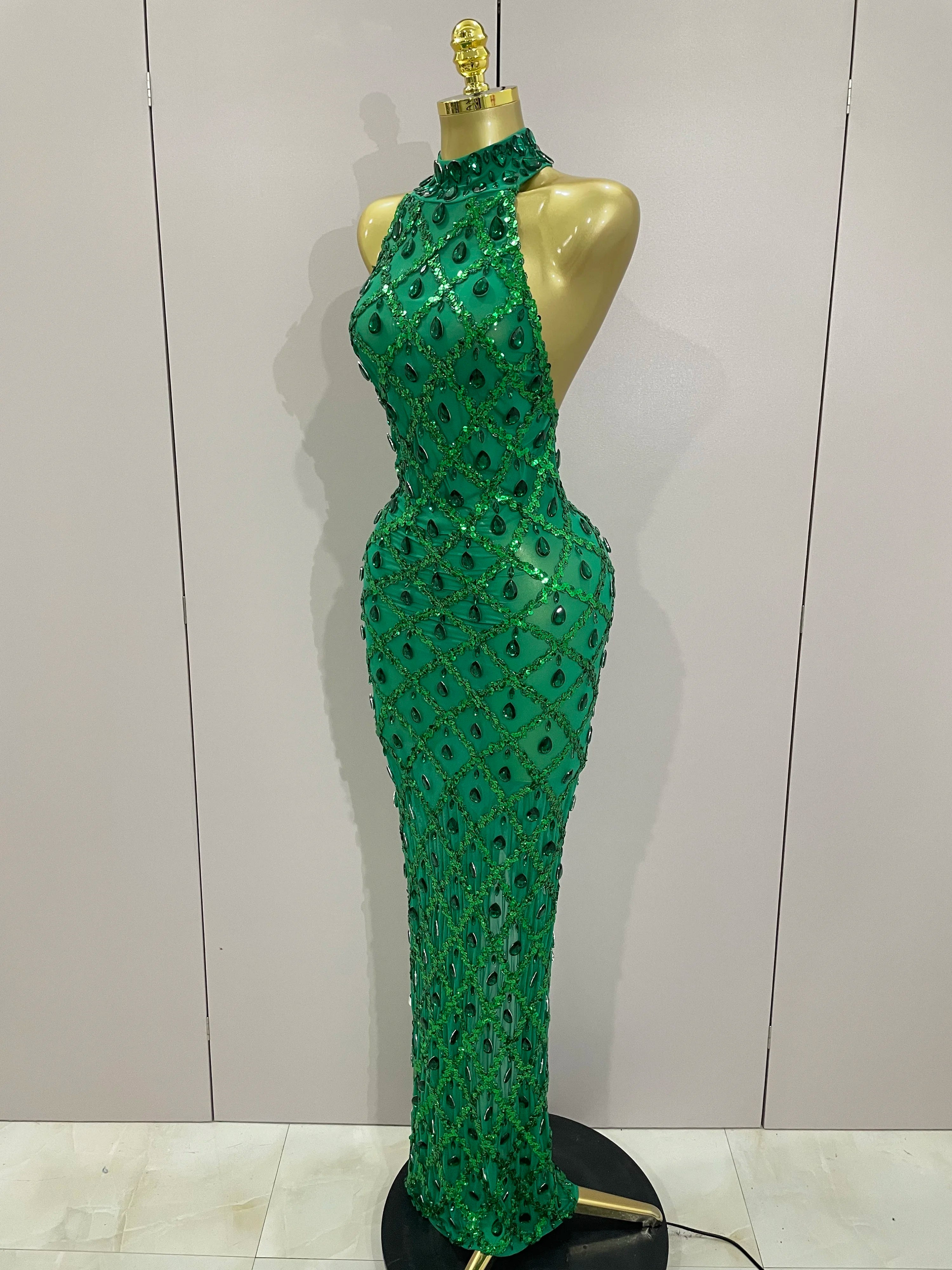 Diamond Sequin Mesh Halter Maxi Gown | Rhinestone | Stage