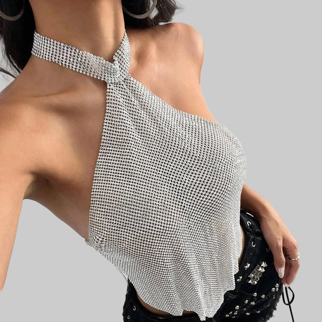 Metallic Sequin Off-Shoulder Halter Top