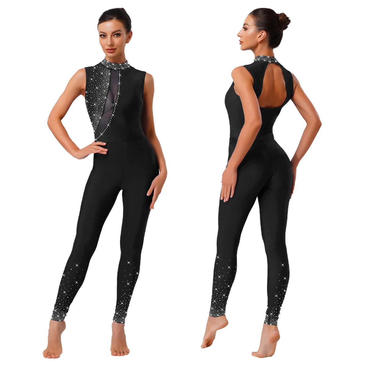 Sleeveless Rhinestone Unitard | Mesh Keyhole Back