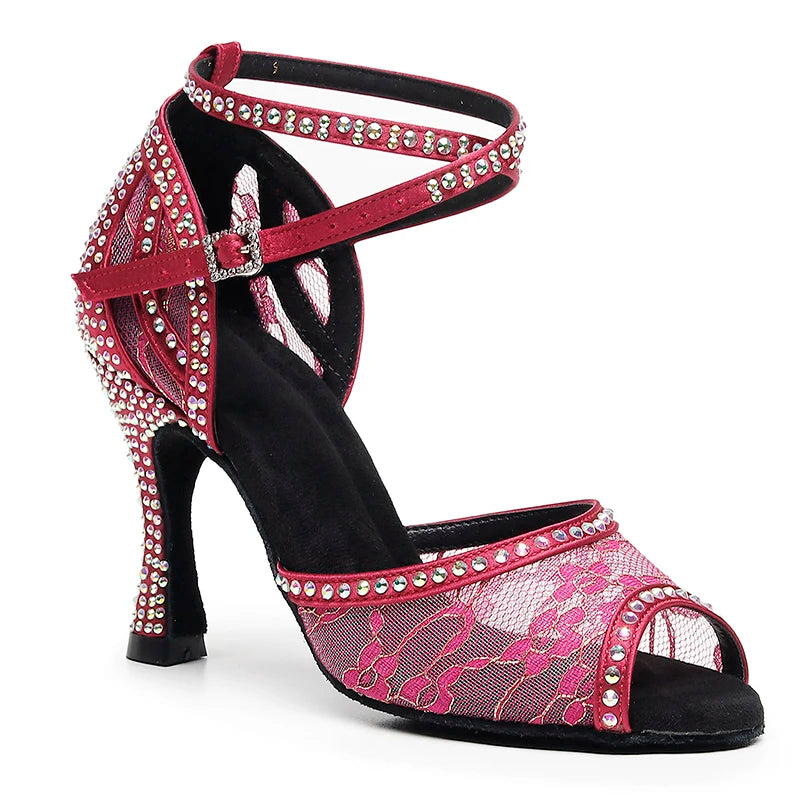 Rhinestone Lace Mesh Latin Dance Heels | Red & Green | 6–10cm