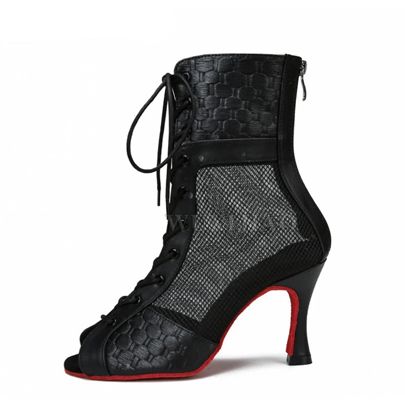 Mesh Lace-Up Latin Dance Ankle Boot | Cuban Heel | 7.5–9cm | Black
