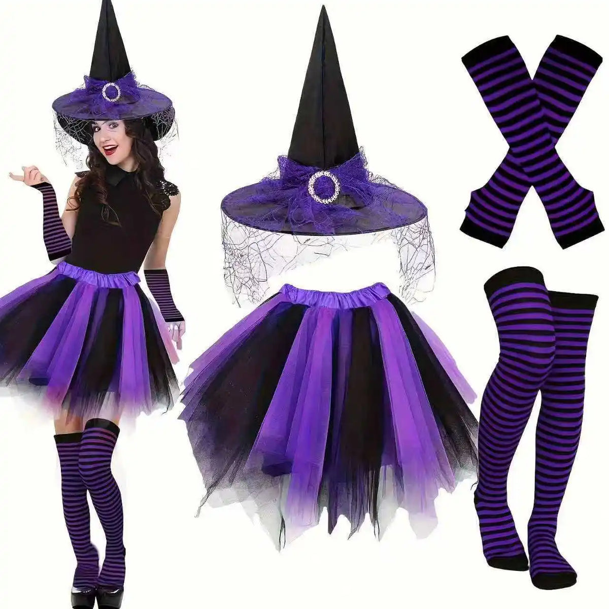 Witch Costume Set | Tutu Skirt, Hat, Stockings & Arm Warmers