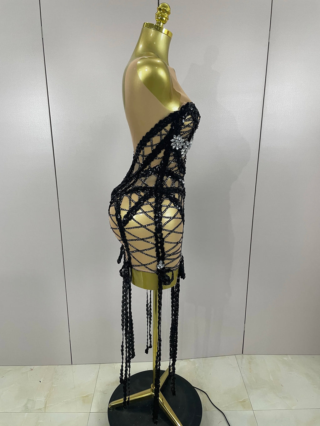 Sequin Diamond Tassel Mini Dress | Black | XS–XL