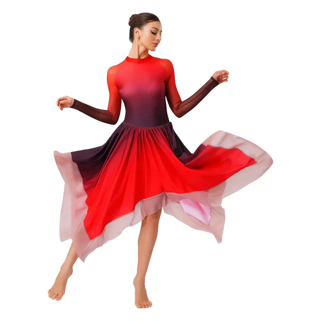 Gradient Lyrical Dance Dress | Mesh Long Sleeve | Keyhole Back | Irregular Hem