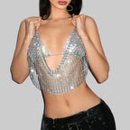 Full Diamond Mesh Halter Crop Top - Rhinestone Fishnet Backless Tank for Stage & Festival