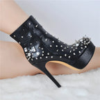 Rhinestone Rivet Platform Ankle Boots | Round Toe Stiletto | Black