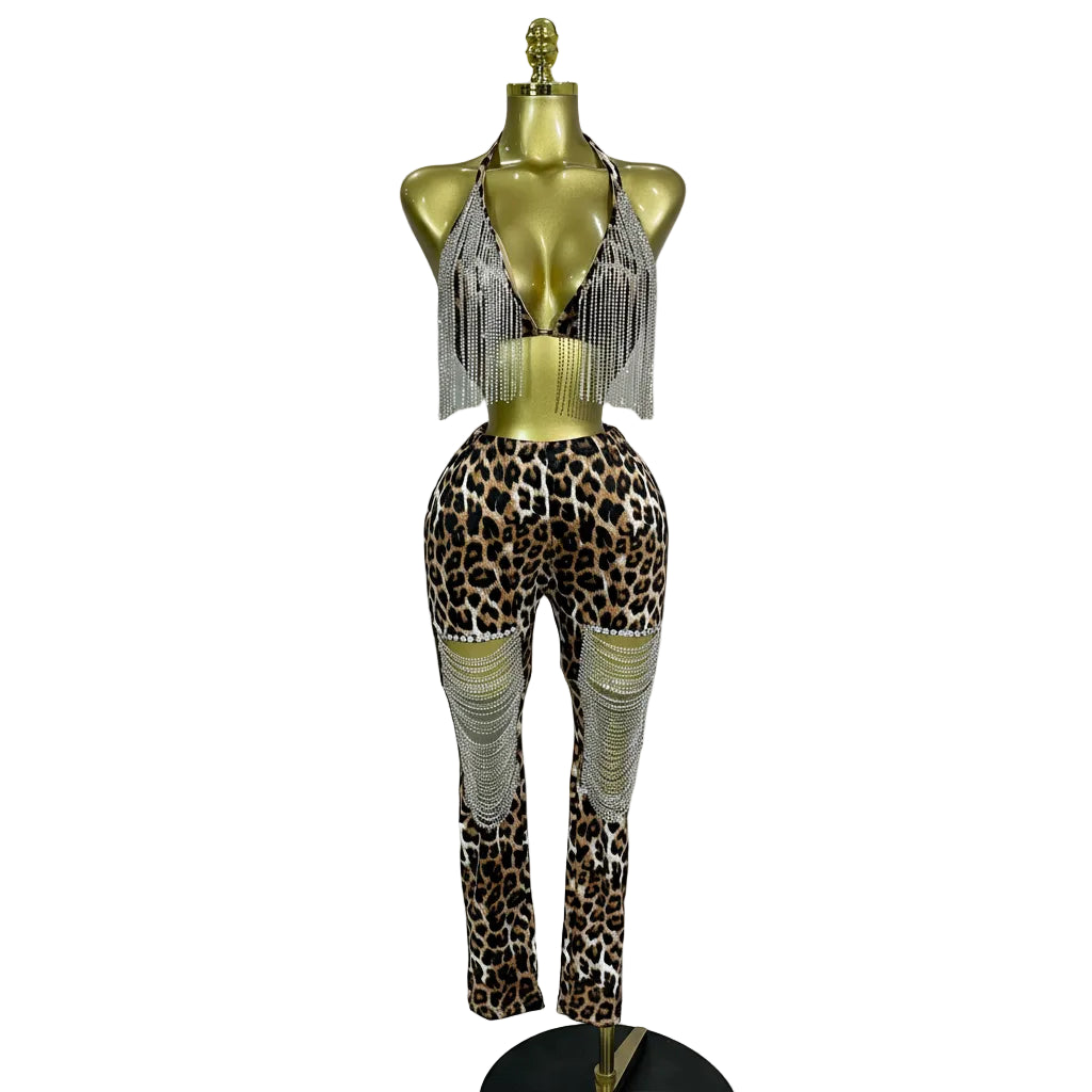 Leopard Rhinestone Chain Two-Piece Set | Crop Top & Pants