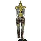 Leopard Rhinestone Chain Two-Piece Set | Crop Top & Pants