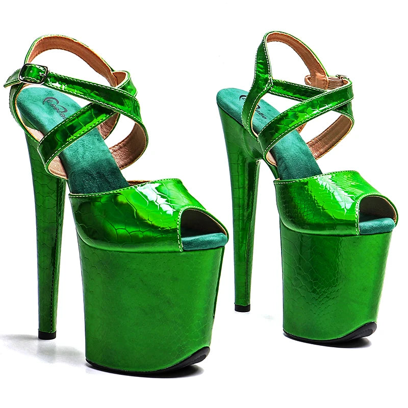 20CM Holographic Snakeskin Platform Pole Dance Heels - 8 Inch High Heel Performance Sandals