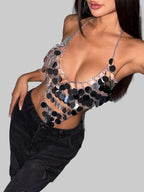 Metal Chain Sequin Halter Camisole - Deep V-Neck Backless Crop Top