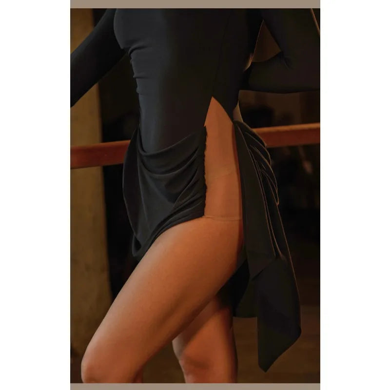 Latin Practice Dress | Open Back High Slit | Long Sleeve